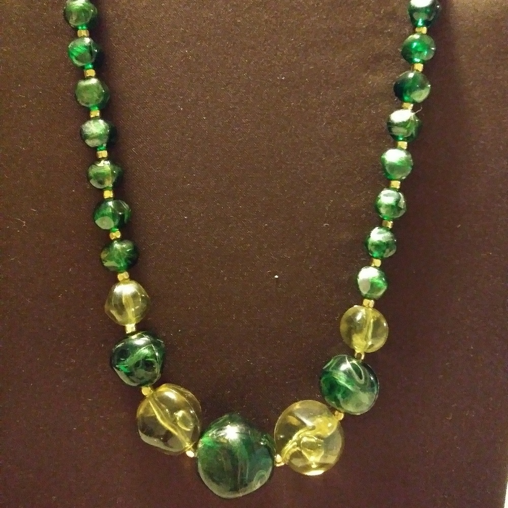 Gold tone Green Yellow Beaded faux gem Necklace
